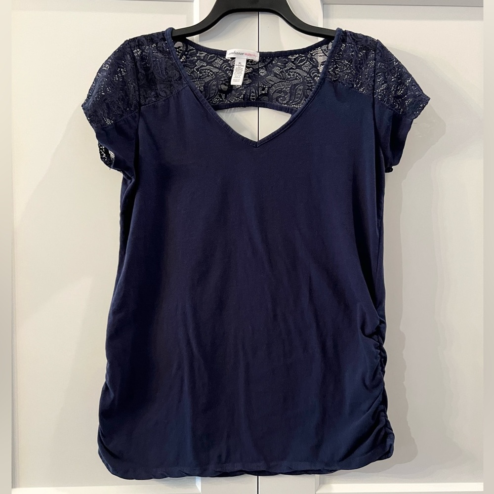 Ambiance Maternity Navy Ruched Side Top with Shoulder Lace Detail, XL